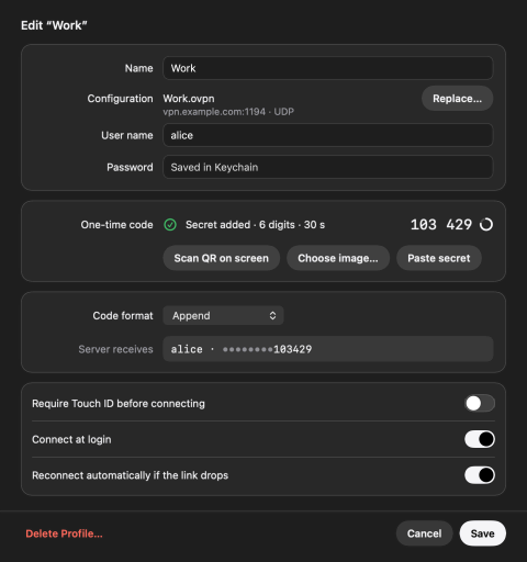 The profile editor: name, configuration, user name and password; the one-time code secret added, with its live code; the Append code format and what the server receives, the password masked; switches for Touch ID and reconnecting automatically.