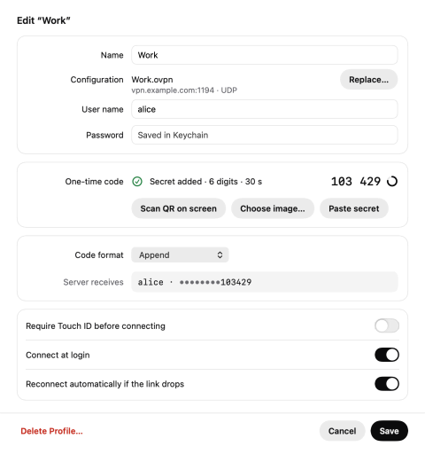 The profile editor: name, configuration, user name and password; the one-time code secret added, with its live code; the Append code format and what the server receives, the password masked; switches for Touch ID and reconnecting automatically.