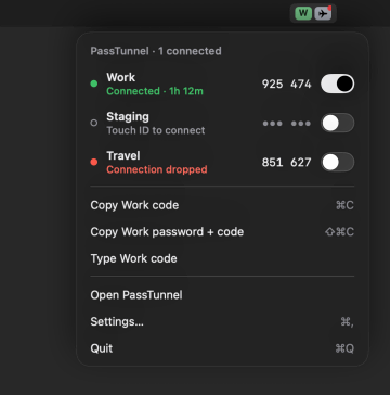The PassTunnel menu bar panel, opened from the menu bar: Work connected with its live code and a switch, Staging asking for Touch ID, Travel with a dropped connection, then Copy Work code, Copy Work password + code, Type Work code, Open PassTunnel, Settings and Quit.