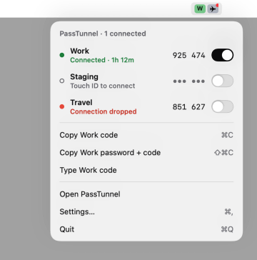 The PassTunnel menu bar panel, opened from the menu bar: Work connected with its live code and a switch, Staging asking for Touch ID, Travel with a dropped connection, then Copy Work code, Copy Work password + code, Type Work code, Open PassTunnel, Settings and Quit.
