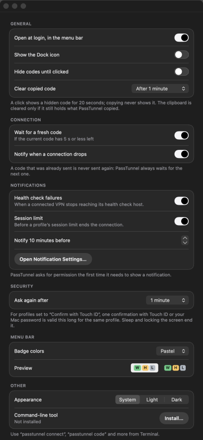 PassTunnel settings, General: open at login, show the Dock icon, hide codes until clicked, clear the copied code, wait for a fresh code, notifications, how long a Touch ID confirmation stays valid, appearance and the command-line tool.