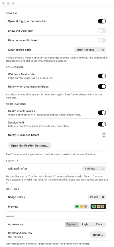 PassTunnel settings, General: open at login, show the Dock icon, hide codes until clicked, clear the copied code, wait for a fresh code, notifications, how long a Touch ID confirmation stays valid, appearance and the command-line tool.